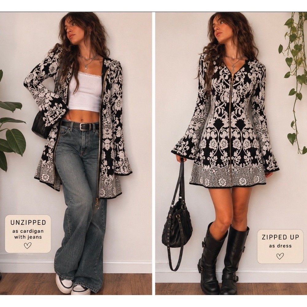 INC International Concepts Black White Floral Damask Zip Bell Sleeve Cardigan L